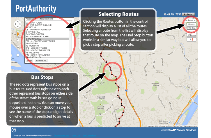 Selecting Routes - Clicking the Routes button in the control section will display a list of all the PRT routes.  Selecting a route from the list will display that route on the map.  The Find Stop button works in a similar way but will allow you to pick a stop after picking a route.